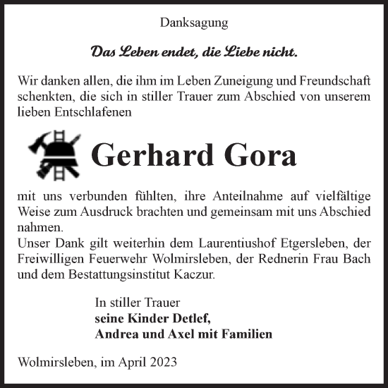 Traueranzeige von Gerhard Gora von Volksstimme Staßfurt