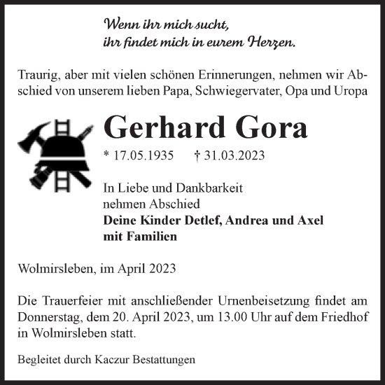 Traueranzeige von Gerhard Gora von Volksstimme Staßfurt