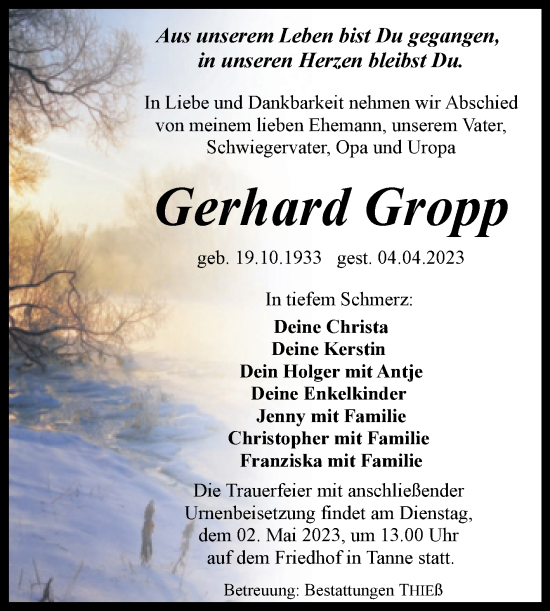 Traueranzeige von Gerhard Gropp von Volksstimme Wernigerode