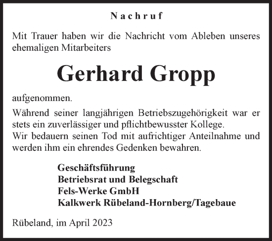 Traueranzeige von Gerhard Gropp von Volksstimme Wernigerode