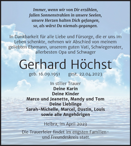 Traueranzeige von Gerhard Höchst von Trauerkombi Mansfelder Land