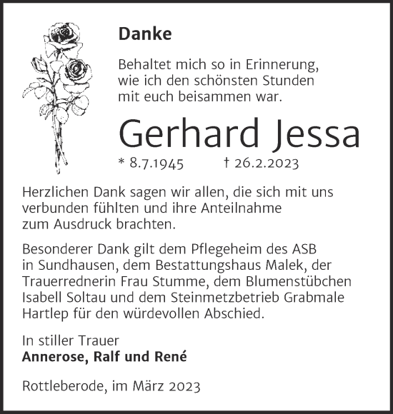 Traueranzeige von Gerhard Jessa von Trauerkombi Sangerhausen
