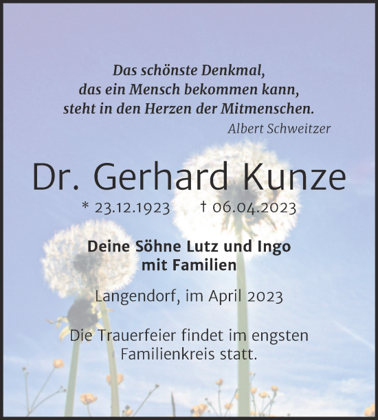 Traueranzeige von Gerhard Kunze von Trauerkombi Weißenfels
