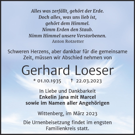 Traueranzeige von Gerhard Loeser von Trauerkombi Wittenberg