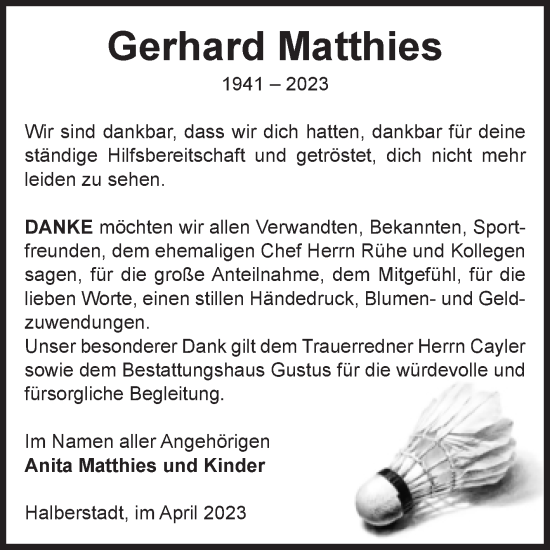 Traueranzeige von Gerhard Matthies von Volksstimme Halberstadt