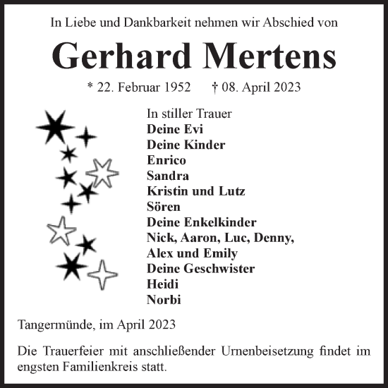 Traueranzeige von Gerhard Mertens von Volksstimme Altmark Ost