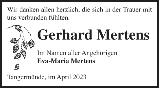 Traueranzeige von Gerhard Mertens von Volksstimme Altmark Ost