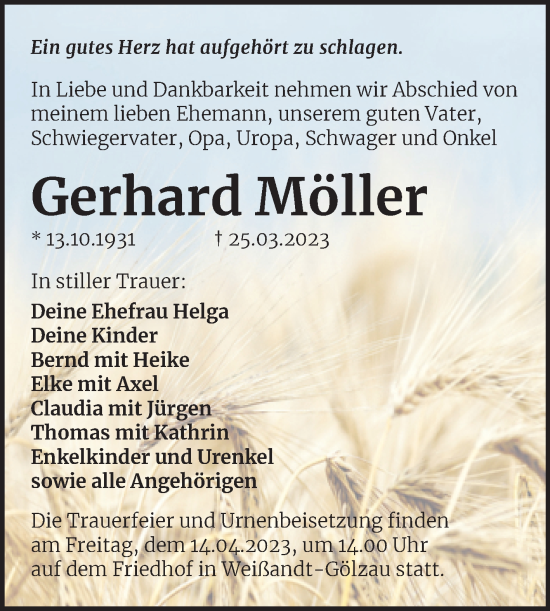 Traueranzeige von Gerhard Möller von Trauerkombi Köthen