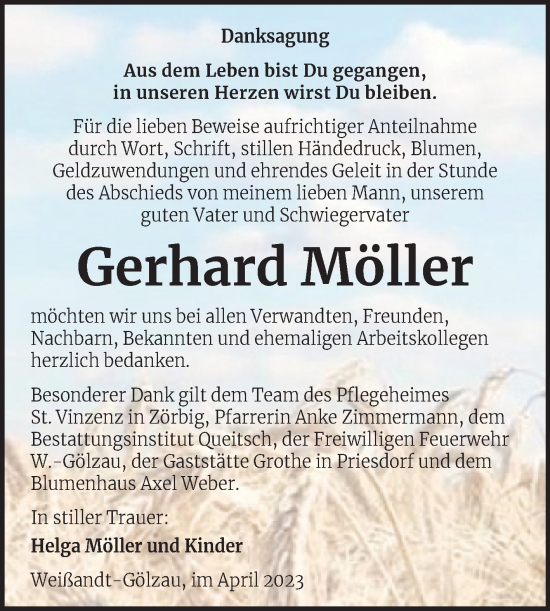 Traueranzeige von Gerhard Möller von Trauerkombi Köthen