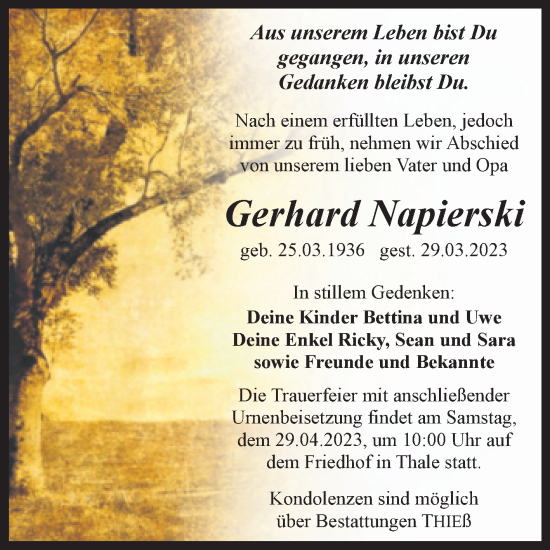 Traueranzeige von Gerhard Napierski von Trauerkombi Quedlinburg