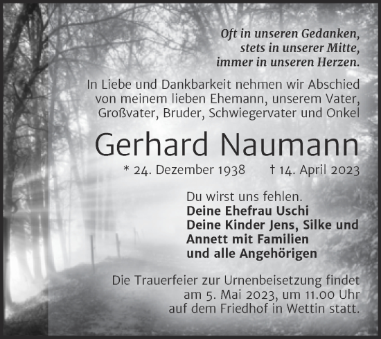 Traueranzeige von Gerhard Naumann von Mitteldeutsche Zeitung Halle/Saalkreis