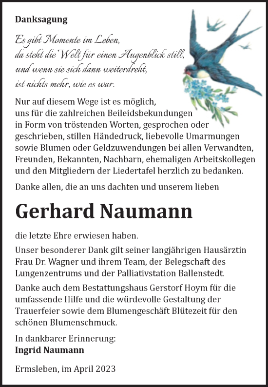 Traueranzeige von Gerhard Naumann von Trauerkombi Quedlinburg