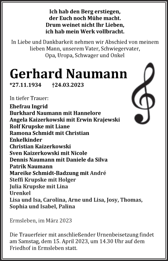 Traueranzeige von Gerhard Naumann von Trauerkombi Quedlinburg