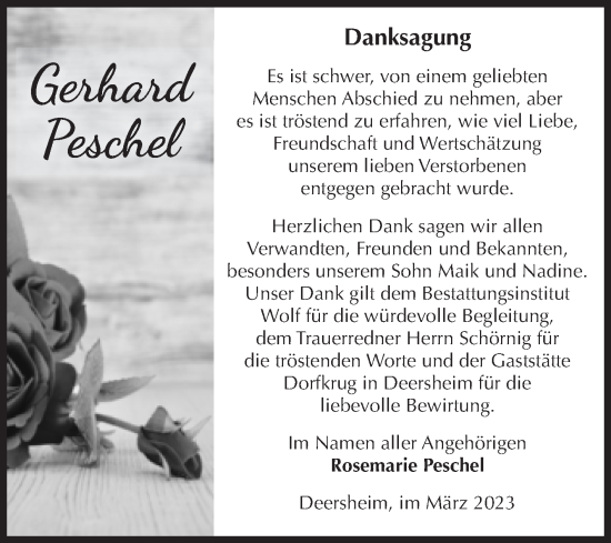 Traueranzeige von Gerhard Peschel von Volksstimme Halberstadt
