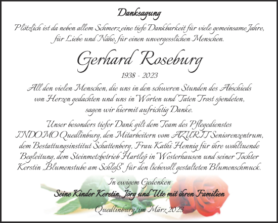 Traueranzeige von Gerhard Roseburg von Trauerkombi Quedlinburg