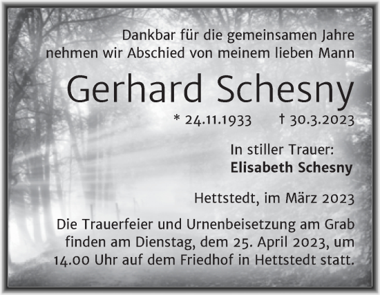 Traueranzeige von Gerhard Schesny von Trauerkombi Mansfelder Land
