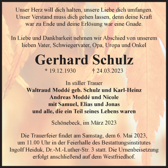 Traueranzeige von Gerhard Schulz von Volksstimme Schönebeck