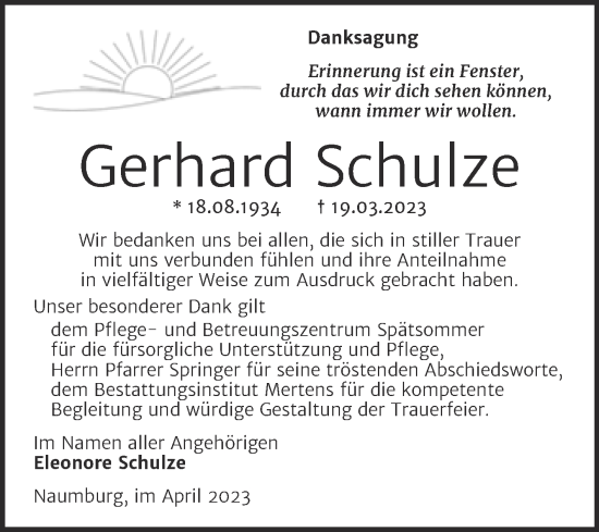 Traueranzeige von Gerhard Schulze von Wochenspiegel Naumburg/Nebra