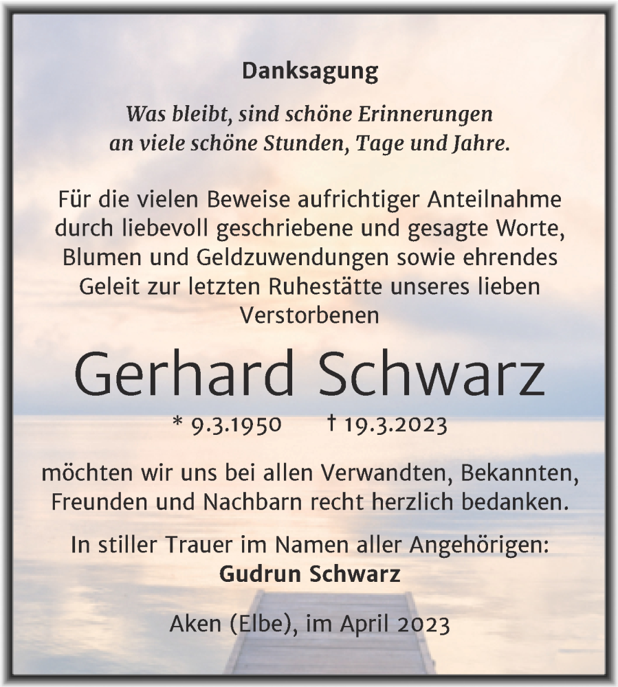  Traueranzeige für Gerhard Schwarz vom 22.04.2023 aus Trauerkombi Köthen