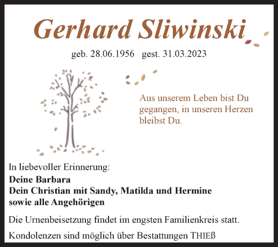 Traueranzeige von Gerhard Sliwinski von Trauerkombi Quedlinburg