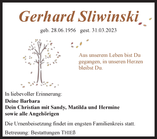 Traueranzeige von Gerhard Sliwinski von Volksstimme Wernigerode