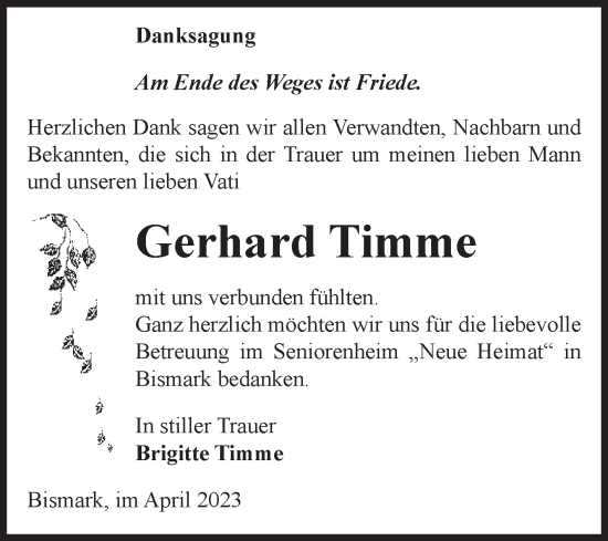 Traueranzeige von Gerhard Timme von Volksstimme Altmark Ost