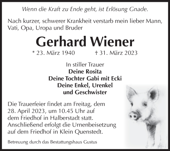 Traueranzeige von Gerhard Wiener von Volksstimme Halberstadt
