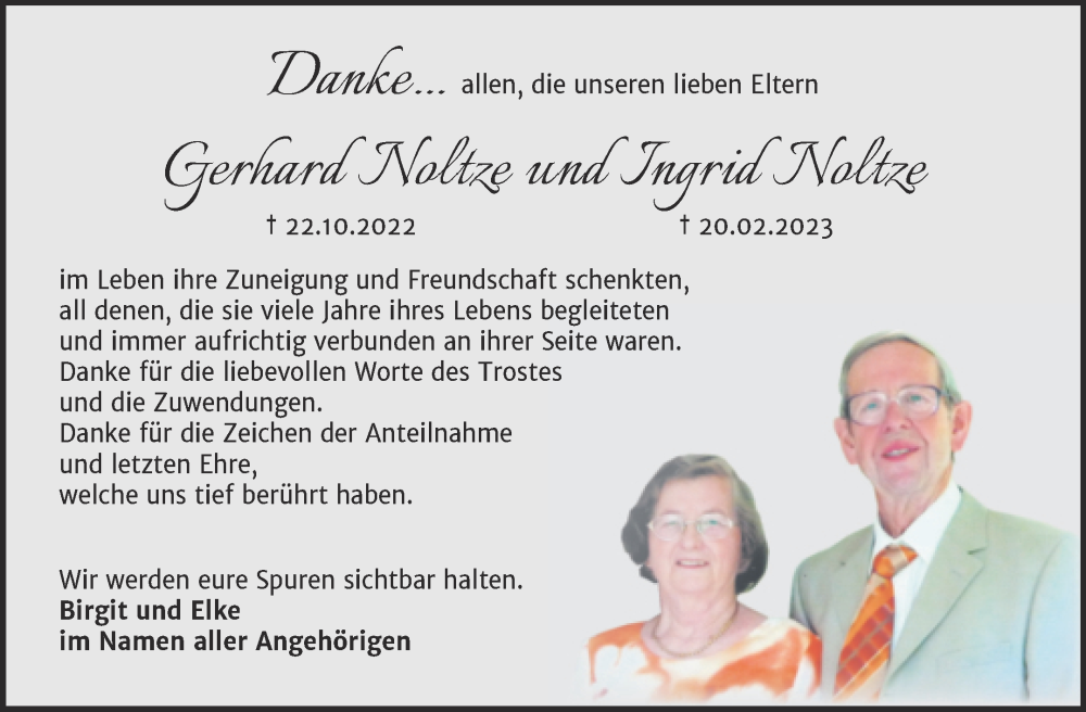  Traueranzeige für Gerhard und Ingrid Noltze vom 01.04.2023 aus Trauerkombi Sangerhausen