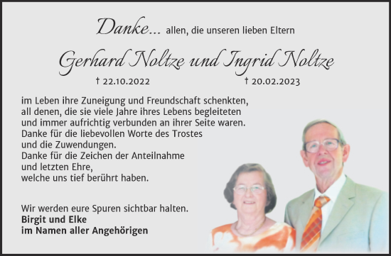 Traueranzeige von Gerhard und Ingrid Noltze von Trauerkombi Sangerhausen