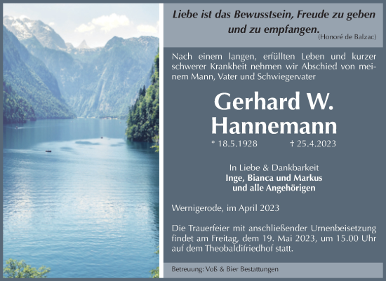 Traueranzeige von Gerhard W. Hannemann von Volksstimme Wernigerode