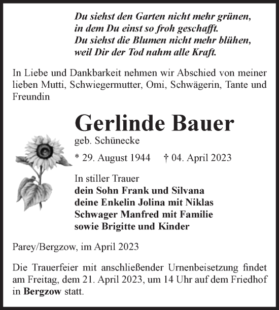Traueranzeige von Gerlinde Bauer von Volksstimme Burg/Genthin