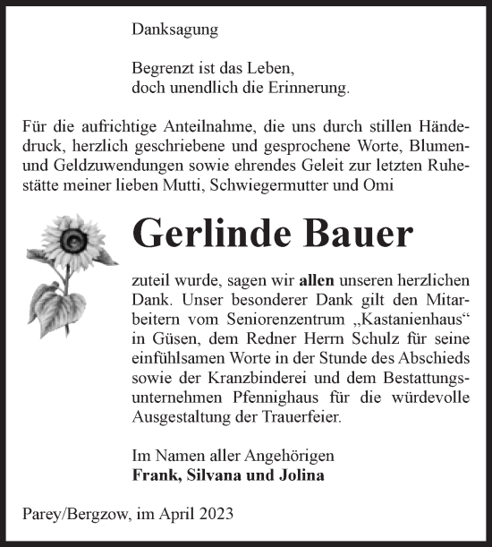 Traueranzeige von Gerlinde Bauer von Volksstimme Burg/Genthin