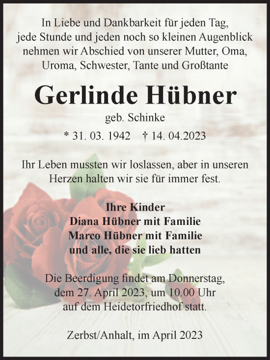 Traueranzeige von Gerlinde Hübner von Volksstimme Zerbst