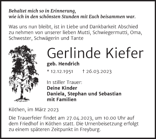 Traueranzeige von Gerlinde Kiefer von Trauerkombi Köthen