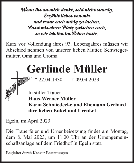 Traueranzeige von Gerlinde Müller von Volksstimme Staßfurt