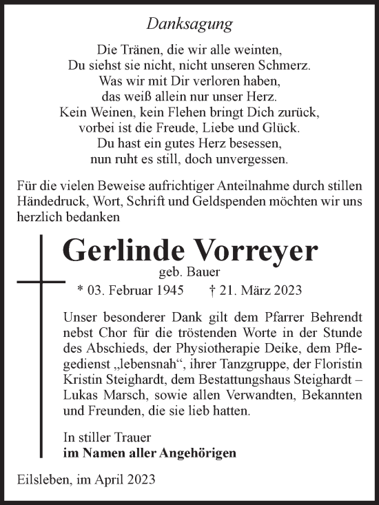 Traueranzeige von Gerlinde Vorreyer von Volksstimme Oschersleben/Wanzleben