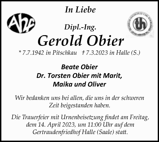 Traueranzeige von Gerold Obier von Mitteldeutsche Zeitung Halle/Saalkreis