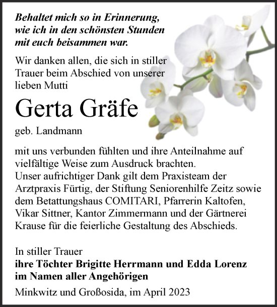 Traueranzeige von Gerta Gräfe von Trauerkombi Zeitz