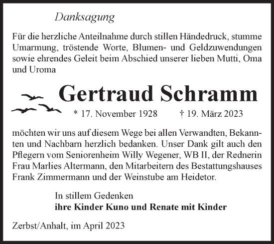 Traueranzeige von Gertraud Schramm von Volksstimme Zerbst