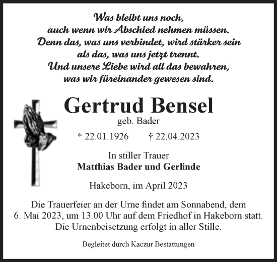 Traueranzeige von Gertrud Bensel von Volksstimme Staßfurt