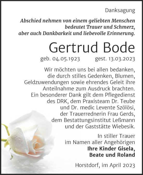Traueranzeige von Gertrud Bode von Trauerkombi Wittenberg