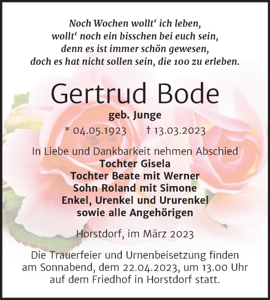 Traueranzeige von Gertrud Bode von Trauerkombi Wittenberg