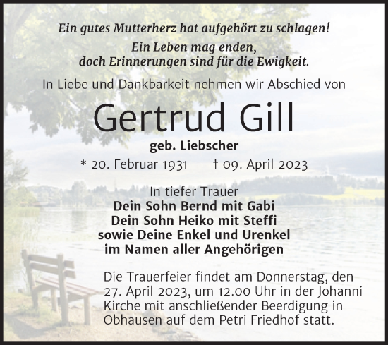 Traueranzeige von Gertrud Gill von Trauerkombi Merseburg