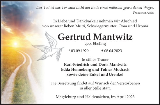 Traueranzeige von Gertrud Mantwitz von Volksstimme Magdeburg