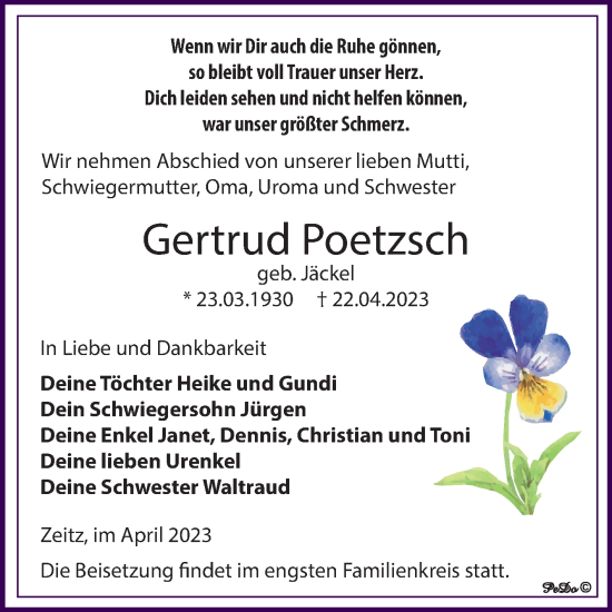Traueranzeige von Gertrud Poetzsch von Trauerkombi Zeitz