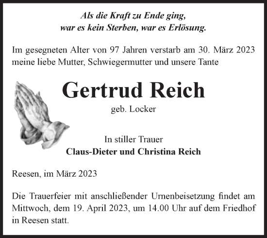 Traueranzeige von Gertrud Reich von Volksstimme Burg/Genthin
