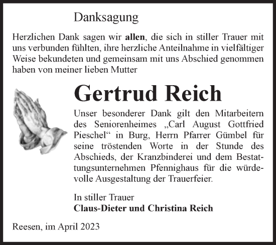 Traueranzeige von Gertrud Reich von Volksstimme Burg/Genthin