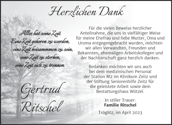 Traueranzeige von Gertrud Ritschel von Trauerkombi Zeitz