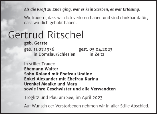 Traueranzeige von Gertrud Ritschel von Trauerkombi Zeitz