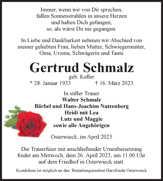 Traueranzeige von Gertrud Schmalz von Volksstimme Halberstadt